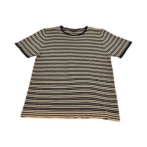 Theo Miles Womens Large Black Tan Striped Knit Short Sleeve Sweater Crewneck Top